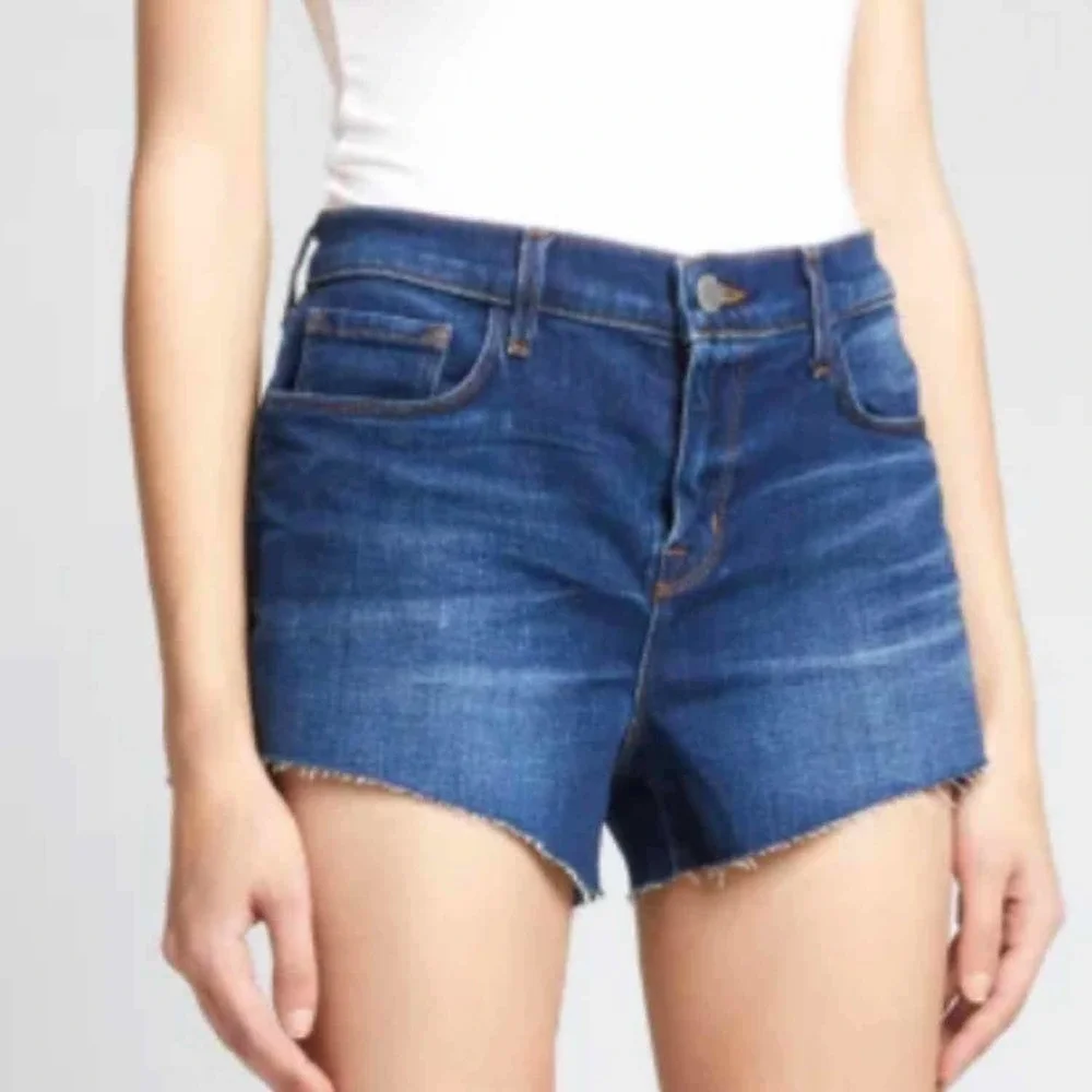L’AGENCE Audrey Mid Rise Blue Denim Raw Hem Fray Short Size 25